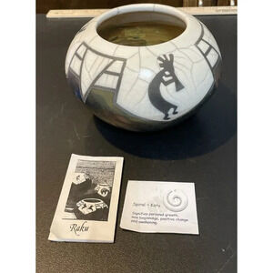 Len Hughes Studio 400 West Raku Fired Pottery Vessel Southwest Kokopelli‎ Signed